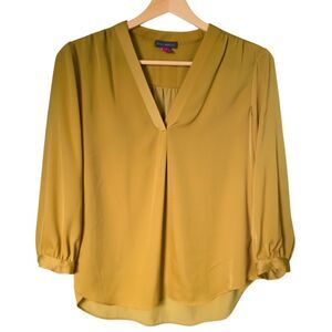 Vince Camuto Blouse Satin Mustard Yellow 3/4 Sleeve Quiet Luxury Minimalist M